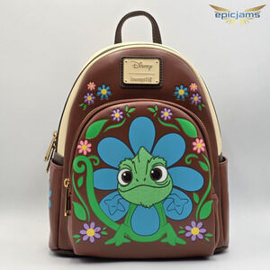 Loungefly Disney Tangled Pascal Flower Floral Brown Mini Backpack New